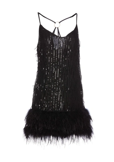 Shop Liu •jo Short Sequined Dress With Black Feathers In Technical Fabric Woman