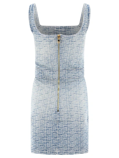 Shop Balmain Monogram-pattern Denim Dress In Blue