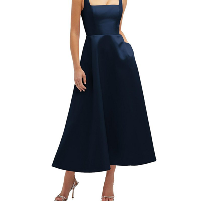 Shop Dessy Collection Square Neck Satin Midi Dress With Full Skirt & Pockets In Blue