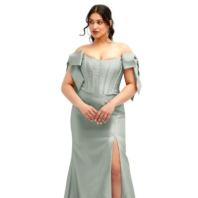 Shop Alfred Sung Off-the-shoulder Bow Satin Corset Dress With Fit And Flare Skirt In Green