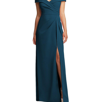 Shop After Six Cuffed Off-the-shoulder Pleated Faux Wrap Maxi Dress In Blue