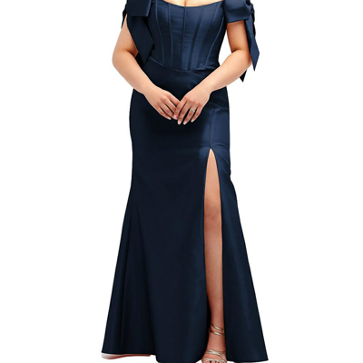 Shop Alfred Sung Off-the-shoulder Bow Satin Corset Dress With Fit And Flare Skirt In Blue