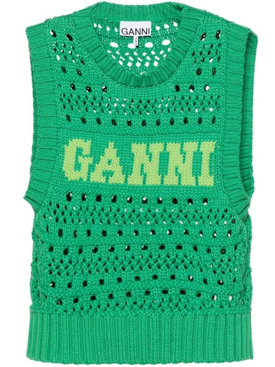 Shop Ganni Crochet Vest In Green