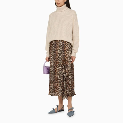Shop Ganni Leopard Print Midi Skirt With Ruffles In Beige