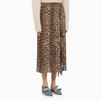 Shop Ganni Leopard Print Midi Skirt With Ruffles In Beige