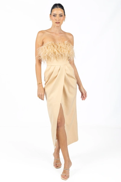Shop Akalia Diane Midi Feather Dress Beige In Gold
