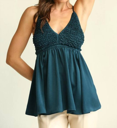 Gigio Satin Halter Open Back Top In Teal In Blue