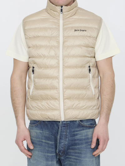 Shop Palm Angels Padded Vest With Logo In Beige