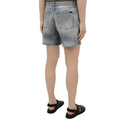 Shop Saint Laurent Denim Destroyed California Shorts In Blue