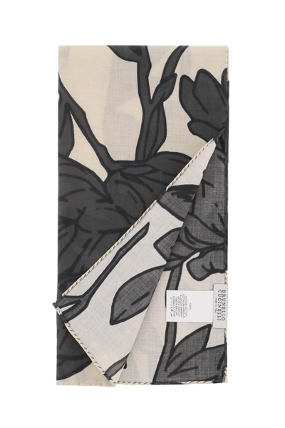 Shop Brunello Cucinelli Flower Print Scarf In Grey,neutro