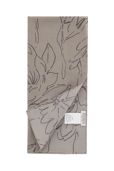Shop Brunello Cucinelli Magnolia Print Silk Scar In Grey,khaki