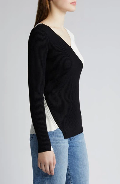 Shop Dkny Sportswear Two-tone Rib Sweater In Black/ Ivory