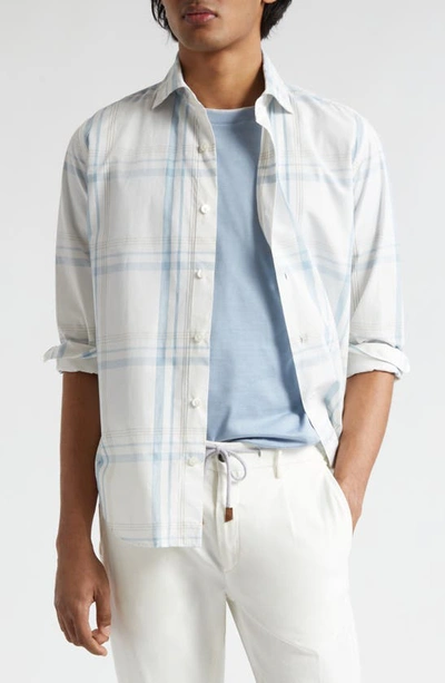 Shop Eleventy Plaid Cotton Button-up Shirt In White And Denim