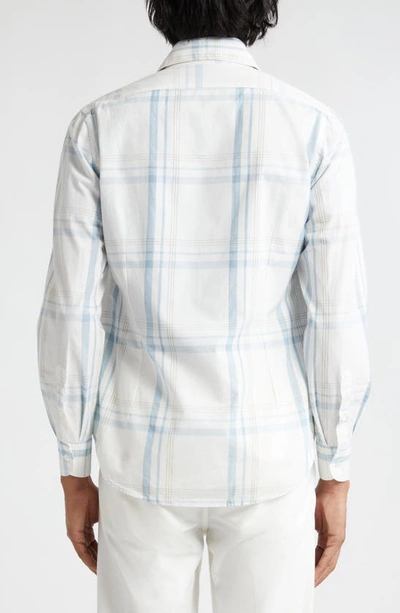 Shop Eleventy Plaid Cotton Button-up Shirt In White And Denim