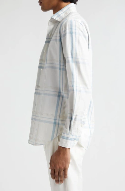 Shop Eleventy Plaid Cotton Button-up Shirt In White And Denim