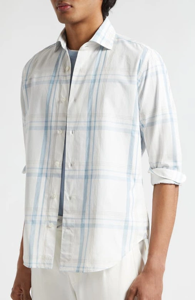 Shop Eleventy Plaid Cotton Button-up Shirt In White And Denim