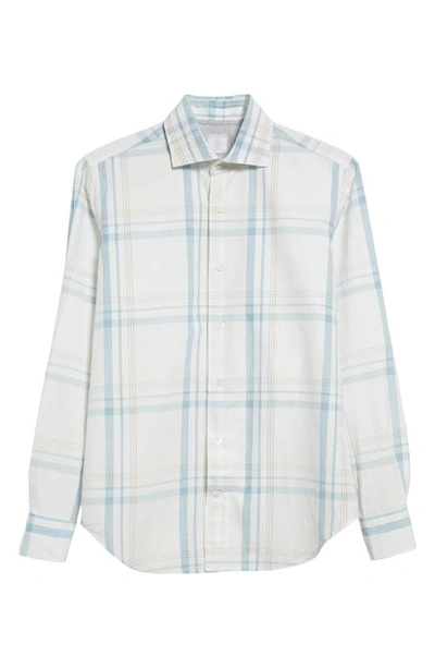 Shop Eleventy Plaid Cotton Button-up Shirt In White And Denim