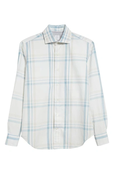 Eleventy Plaid Cotton Button-up Shirt In White And Denim