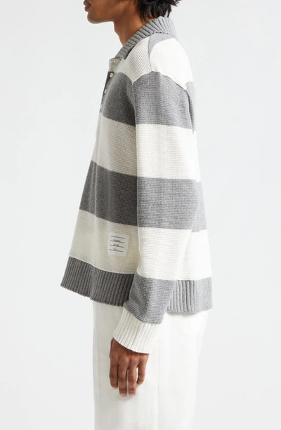 Shop Thom Browne Rugby Stripe Cotton Polo Sweater In Light Grey