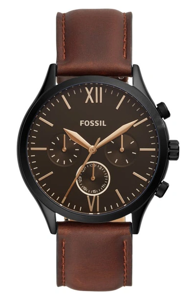 Shop Fossil Fenmore Three-hand Quartz Leather Strap Watch, 44mm In Brown/ Black