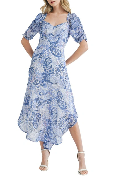 Shop Mila Mae Ruched Sleeve Chiffon Maxi Dress In Blue Ivory