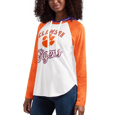 Shop G-iii 4her By Carl Banks White/orange Clemson Tigers From The Sideline Raglan Long Sleeve Hoodie T-s