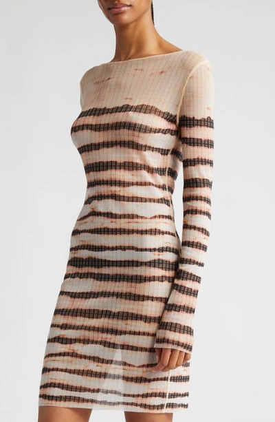 Shop Jean Paul Gaultier X Knwls Stripe Semisheer Long Sleeve Mesh Minidress In Ecru/ Brown