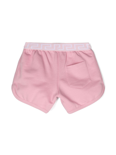 Shop Versace Shorts Kids Con Bordo Greca E Cristalli In Pink