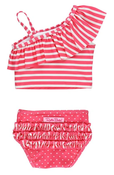 Rufflebutts Kids' Hot Pink Heart Ruffle One-shoulder Two-piece Swimsuit In Pink