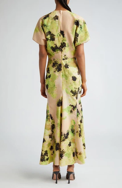 Shop Victoria Beckham Floral Print Drape Shoulder Cloqué Dress In Peach/ Lime