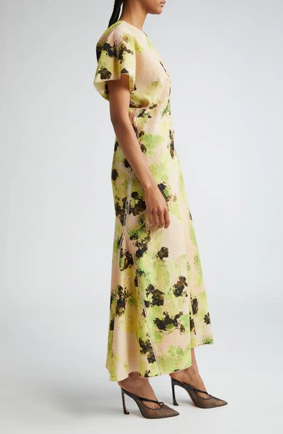 Shop Victoria Beckham Floral Print Drape Shoulder Cloqué Dress In Peach/ Lime