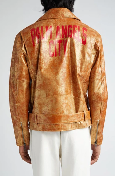 Shop Palm Angels Pa City Laminated Leather Biker Jacket In Gold Red