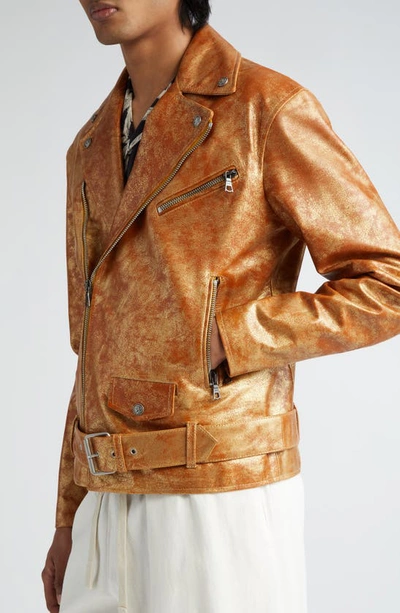 Shop Palm Angels Pa City Laminated Leather Biker Jacket In Gold Red