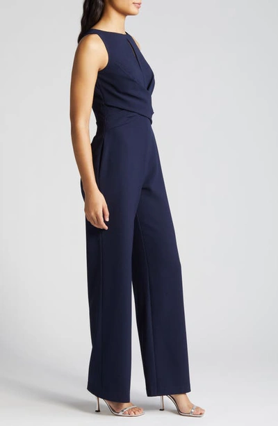 Shop Vince Camuto Cross Front Keyhole Wide Leg Crepe Jumpsuit In Navy