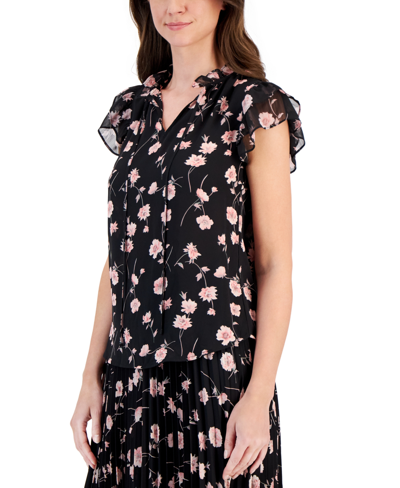 Shop Anne Klein Women's Floral-print Flutter-sleeve Blouse, Created For Macy's In Black,cherry Blossom
