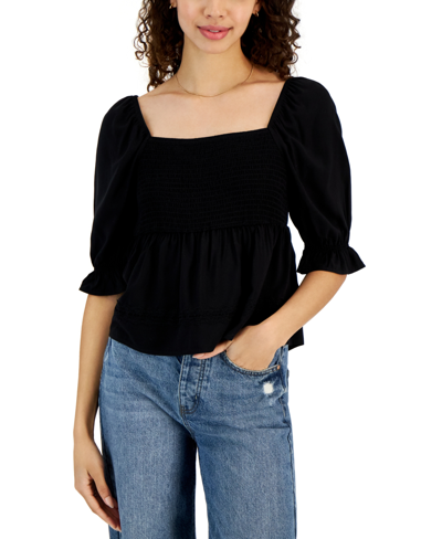 Shop Love, Fire Juniors Smocked Lace Trim Top In Black