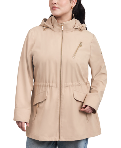 Shop Michael Kors Michael  Women's Plus Size Hooded Water-resistant Anorak Coat In Buff