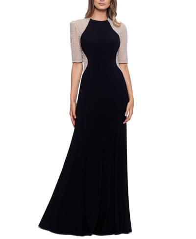 Shop Xscape Beaded Colorblocked Gown In Black,nude,silver