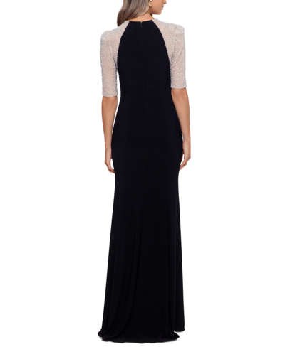 Shop Xscape Beaded Colorblocked Gown In Black,nude,silver