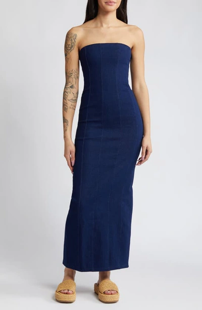 Shop Topshop Bandeau Denim Maxi Dress In Medium Blue