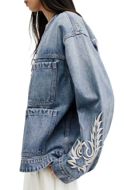 Shop Allsaints Terri Embroidered Detail Denim Jacket In Mid Indigo