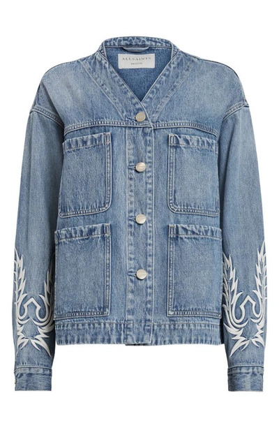 Shop Allsaints Terri Embroidered Detail Denim Jacket In Mid Indigo