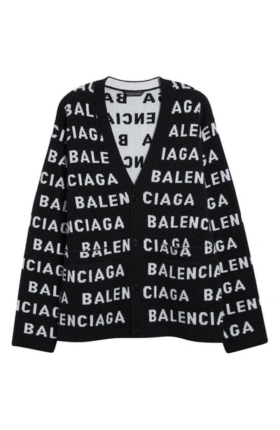 Shop Balenciaga Logo Jacquard Wool Blend V-neck Cardigan In Black/ White