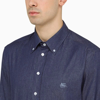 Shop Etro Denim Shirt With Logo Embroidery In Blue