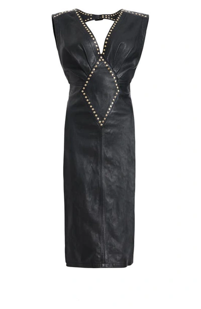 Shop Allsaints Syla Stud Detail Open Back Leather Dress In Black