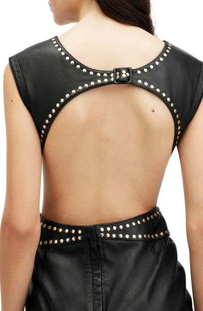 Shop Allsaints Syla Stud Detail Open Back Leather Dress In Black