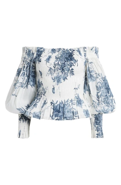 Shop Allsaints Lara Dekorah Off The Shoulder Smocked Linen & Silk Top In Denim Blue
