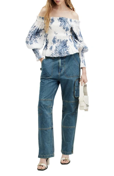 Shop Allsaints Lara Dekorah Off The Shoulder Smocked Linen & Silk Top In Denim Blue