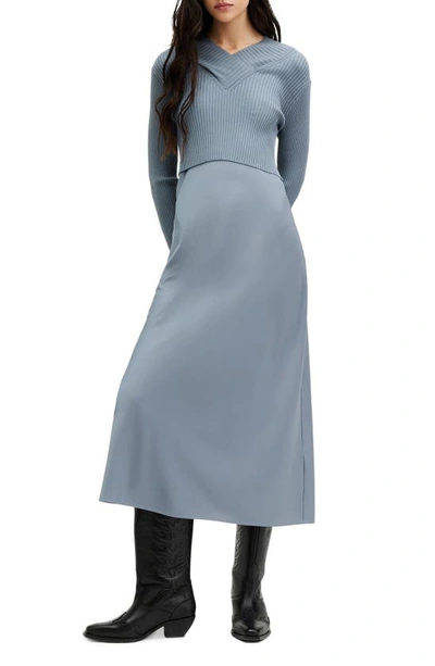 Shop Allsaints Hana Mixed Media Long Sleeve Dress In Dark Denim Blue