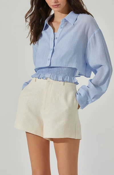 Shop Astr Crop Button-up Shirt & Smocked Camisole In Periwinkle Blue